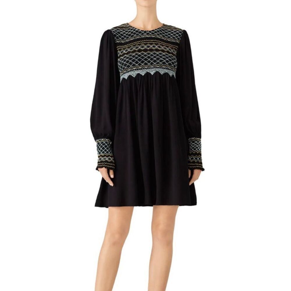 Free People Late Night Picnic Smocked  Black Embroidered Mini Dress sz M